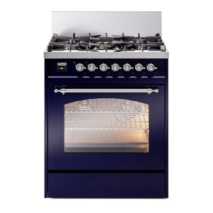 ILVE Nostalgie II 30-Inch Dual Fuel Range with 5 Sealed Burners, 4 cu. ft. Oven, Midnight Blue with Chrome Trim, Natural Gas, Triple Glass Door, UP30NMPMBC