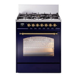 ILVE Nostalgie II 30-Inch Dual Fuel Range with 5 Sealed Burners, 4 cu. ft. Oven, Midnight Blue with Brass Trim, Liquid Propane, Triple Glass Door, UP30NMPMBGLP