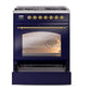 ILVE Nostalgie II 30-Inch Dual Fuel Range with 5 Sealed Burners, 4 cu. ft. Oven, Midnight Blue with Brass Trim, Liquid Propane, Triple Glass Door, UP30NMPMBGLP
