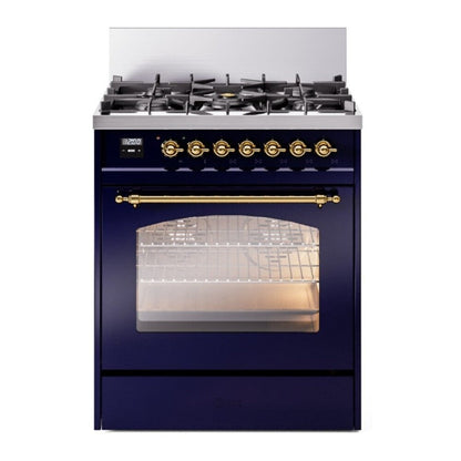 ILVE Nostalgie II 30-Inch Dual Fuel Range with 5 Sealed Burners, 4 cu. ft. Oven, Midnight Blue with Brass Trim, Natural Gas, Triple Glass Door, UP30NMPMBG