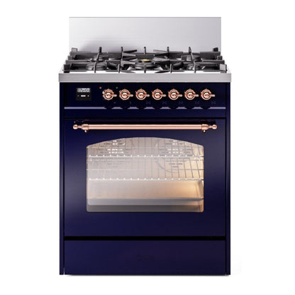 ILVE Nostalgie II 30-Inch Dual Fuel Range with 5 Sealed Burners, 4 cu. ft. Oven, Midnight Blue with Copper Trim, Natural Gas, Triple Glass Door, UP30NMPMBP