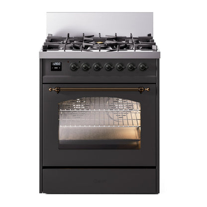 ILVE Nostalgie II 30-Inch Dual Fuel Range with 5 Sealed Burners, 4 cu. ft. Oven, Graphite Matte with Burnished Trim, Natural Gas, Triple Glass Door, UP30NMPMGB