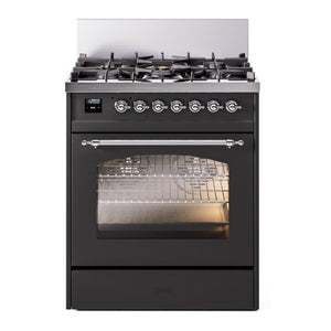 ILVE Nostalgie II 30-Inch Dual Fuel Range with 5 Sealed Burners, 4 cu. ft. Oven, Graphite Matte with Chrome Trim, Liquid Propane, Triple Glass Door, UP30NMPMGCLP