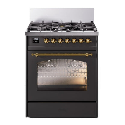ILVE Nostalgie II 30-Inch Dual Fuel Range with 5 Sealed Burners, 4 cu. ft. Oven, Graphite Matte with Brass Trim, Liquid Propane, Triple Glass Door, UP30NMPMGGLP