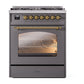 ILVE Nostalgie II 30-Inch Dual Fuel Range with 5 Sealed Burners, 4 cu. ft. Oven, Graphite Matte with Brass Trim, Liquid Propane, Triple Glass Door, UP30NMPMGGLP