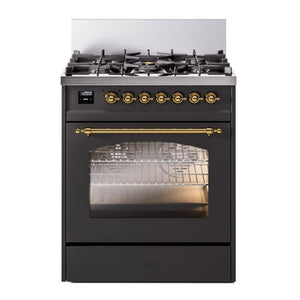 ILVE Nostalgie II 30-Inch Dual Fuel Range with 5 Sealed Burners, 4 cu. ft. Oven, Graphite Matte with Brass Trim, Natural Gas, Triple Glass Door, UP30NMPMGG
