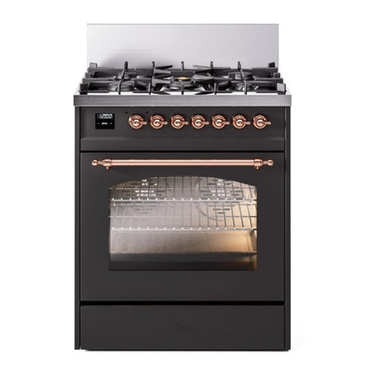 ILVE Nostalgie II 30-Inch Dual Fuel Range with 5 Sealed Burners, 4 cu. ft. Oven, Graphite Matte with Copper Trim, Liquid Propane, Triple Glass Door, UP30NMPMGPLP