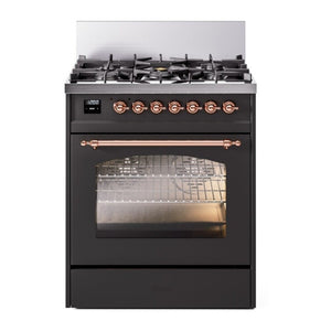 ILVE Nostalgie II 30-Inch Dual Fuel Range with 5 Sealed Burners, 4 cu. ft. Oven, Graphite Matte with Copper Trim, Natural Gas, Triple Glass Door, UP30NMPMGP