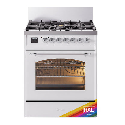ILVE Nostalgie II 30-Inch Dual Fuel Range with 5 Sealed Burners, 4 cu. ft. Oven, RAL with Chrome Trim, Natural Gas, Triple Glass Door, UP30NMPRAC