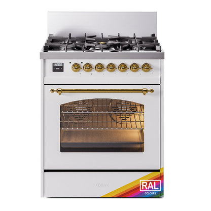 ILVE Nostalgie II 30-Inch Dual Fuel Range with 5 Sealed Burners, 4 cu. ft. Oven, RAL with Brass Trim, Natural Gas, Triple Glass Door, UP30NMPRAG