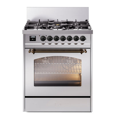 ILVE Nostalgie II 30-Inch Dual Fuel Range with 5 Sealed Burners, 4 cu. ft. Oven, Stainless Steel with Burnished Trim, Liquid Propane, Triple Glass Door, UP30NMPSSBLP