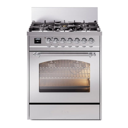 ILVE Nostalgie II 30-Inch Dual Fuel Range with 5 Sealed Burners, 4 cu. ft. Oven, Stainless Steel with Chrome Trim, Liquid Propane, Triple Glass Door, UP30NMPSSCLP