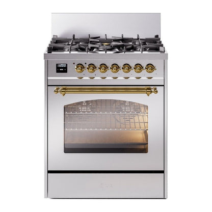 ILVE Nostalgie II 30-Inch Dual Fuel Range with 5 Sealed Burners, 4 cu. ft. Oven, Stainless Steel with Brass Trim, Liquid Propane, Triple Glass Door, UP30NMPSSGLP