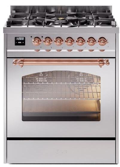ILVE Nostalgie II 30" Dual Fuel Propane Gas Range in Stainless Steel with Copper Trim, UP30NMPSSPLP