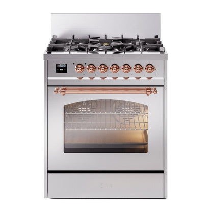 ILVE Nostalgie II 30-Inch Dual Fuel Range with 5 Sealed Burners, 4 cu. ft. Oven, Stainless Steel with Copper Trim, Natural Gas, Triple Glass Door, UP30NMPSSP