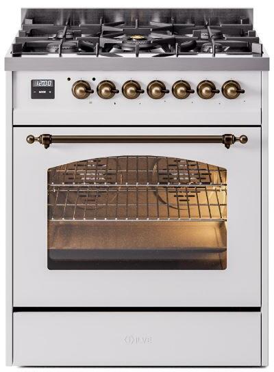 ILVE Nostalgie II 30" Dual Fuel Propane Gas Range in White with Bronze Trim, UP30NMPWHBLP
