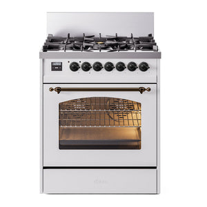 ILVE Nostalgie II 30-Inch Dual Fuel Range with 5 Sealed Burners, 4 cu. ft. Oven, White with Burnished Trim, Natural Gas, Triple Glass Door, UP30NMPWHB