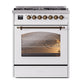 ILVE Nostalgie II 30-Inch Dual Fuel Range with 5 Sealed Burners, 4 cu. ft. Oven, White with Burnished Trim, Natural Gas, Triple Glass Door, UP30NMPWHB
