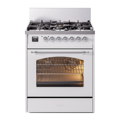 ILVE Nostalgie II 30-Inch Dual Fuel Range with 5 Sealed Burners, 4 cu. ft. Oven, White with Chrome Trim, Natural Gas, Triple Glass Door, UP30NMPWHC