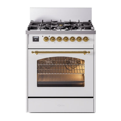 ILVE Nostalgie II 30-Inch Dual Fuel Range with 5 Sealed Burners, 4 cu. ft. Oven, White with Brass Trim, Liquid Propane, Triple Glass Door, UP30NMPWHGLP