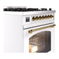 ILVE Nostalgie II 30-Inch Dual Fuel Range with 5 Sealed Burners, 4 cu. ft. Oven, White with Brass Trim, Liquid Propane, Triple Glass Door, UP30NMPWHGLP