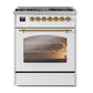ILVE Nostalgie II 30-Inch Dual Fuel Range with 5 Sealed Burners, 4 cu. ft. Oven, White with Brass Trim, Natural Gas, Triple Glass Door, UP30NMPWHG