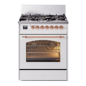 ILVE Nostalgie II 30-Inch Dual Fuel Range with 5 Sealed Burners, 4 cu. ft. Oven, White with Copper Trim, Liquid Propane, Triple Glass Door, UP30NMPWHPLP