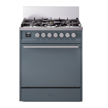ILVE Professional Plus II 30-Inch Dual Fuel Range with 5 Sealed Burners, 4 cu. ft. Oven, Blue Grey, Liquid Propane, Solid Door, UP30QMPBGLP
