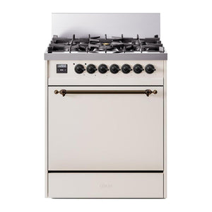 ILVE Nostalgie II 30-Inch Dual Fuel Range with 5 Sealed Burners, 4 cu. ft. Oven, Antique White with Burnished Trim, Liquid Propane, Solid Door, UP30QNMPAWBLP