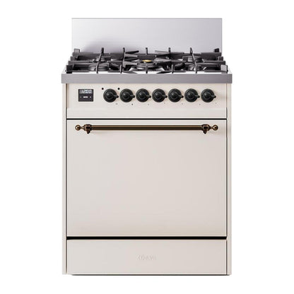 ILVE Nostalgie II 30-Inch Dual Fuel Range with 5 Sealed Burners, 4 cu. ft. Oven, Antique White with Burnished Trim, Natural Gas, Solid Door, UP30QNMPAWB
