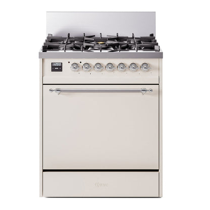 ILVE Nostalgie II 30-Inch Dual Fuel Range with 5 Sealed Burners, 4 cu. ft. Oven, Antique White with Chrome Trim, Liquid Propane, Solid Door, UP30QNMPAWCLP