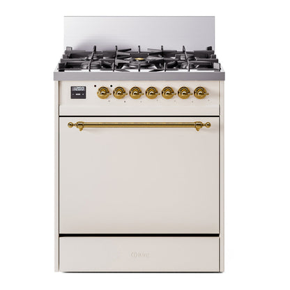 ILVE Nostalgie II 30-Inch Dual Fuel Range with 5 Sealed Burners, 4 cu. ft. Oven, Antique White with Brass Trim, Liquid Propane, Solid Door, UP30QNMPAWGLP