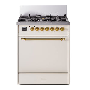 ILVE Nostalgie II 30-Inch Dual Fuel Range with 5 Sealed Burners, 4 cu. ft. Oven, Antique White with Brass Trim, Natural Gas, Solid Door, UP30QNMPAWG
