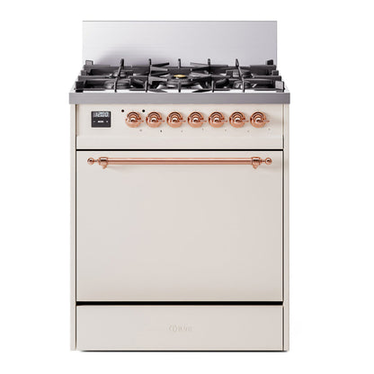 ILVE Nostalgie II 30-Inch Dual Fuel Range with 5 Sealed Burners, 4 cu. ft. Oven, Antique White with Copper Trim, Natural Gas, Solid Door, UP30QNMPAWP