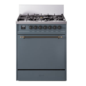 ILVE Nostalgie II 30-Inch Dual Fuel Range with 5 Sealed Burners, 4 cu. ft. Oven, Blue Grey with Burnished Trim, Liquid Propane, Solid Door, UP30QNMPBGBLP
