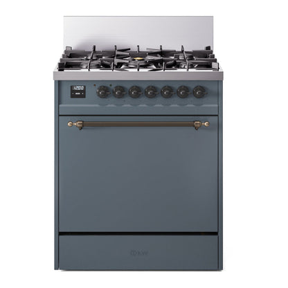 ILVE Nostalgie II 30-Inch Dual Fuel Range with 5 Sealed Burners, 4 cu. ft. Oven, Blue Grey with Burnished Trim, Liquid Propane, Solid Door, UP30QNMPBGBLP