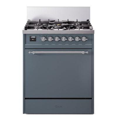 ILVE Nostalgie II 30-Inch Dual Fuel Range with 5 Sealed Burners, 4 cu. ft. Oven, Blue Grey with Chrome Trim, Liquid Propane, Solid Door, UP30QNMPBGCLP