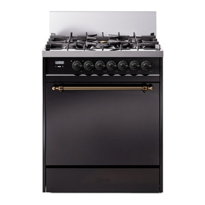 ILVE Nostalgie II 30-Inch Dual Fuel Range with 5 Sealed Burners, 4 cu. ft. Oven, Glossy Black with Burnished Trim, Liquid Propane, Solid Door, UP30QNMPBKBLP