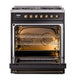 ILVE Nostalgie II 30-Inch Dual Fuel Range with 5 Sealed Burners, 4 cu. ft. Oven, Glossy Black with Burnished Trim, Liquid Propane, Solid Door, UP30QNMPBKBLP