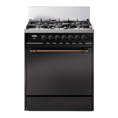 ILVE Nostalgie II 30-Inch Dual Fuel Range with 5 Sealed Burners, 4 cu. ft. Oven, Glossy Black with Burnished Trim, Natural Gas, Solid Door, UP30QNMPBKB