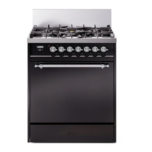ILVE Nostalgie II 30-Inch Dual Fuel Range with 5 Sealed Burners, 4 cu. ft. Oven, Glossy Black with Chrome Trim, Liquid Propane, Solid Door, UP30QNMPBKCLP