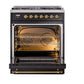 ILVE Nostalgie II 30-Inch Dual Fuel Range with 5 Sealed Burners, 4 cu. ft. Oven, Glossy Black with Brass Trim, Liquid Propane, Solid Door, UP30QNMPBKGLP