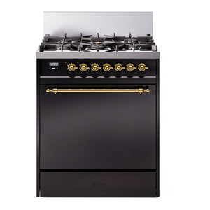 ILVE Nostalgie II 30-Inch Dual Fuel Range with 5 Sealed Burners, 4 cu. ft. Oven, Glossy Black with Brass Trim, Natural Gas, Solid Door, UP30QNMPBKG