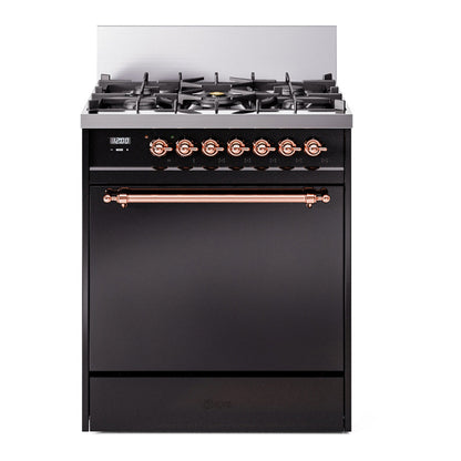 ILVE Nostalgie II 30-Inch Dual Fuel Range with 5 Sealed Burners, 4 cu. ft. Oven, Glossy Black with Copper Trim, Natural Gas, Solid Door, UP30QNMPBKP