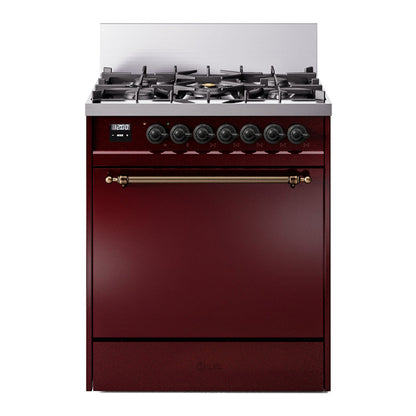 ILVE Nostalgie II 30-Inch Dual Fuel Range with 5 Sealed Burners, 4 cu. ft. Oven, Burgundy with Burnished Trim, Liquid Propane, Solid Door, UP30QNMPBUBLP