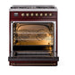 ILVE Nostalgie II 30-Inch Dual Fuel Range with 5 Sealed Burners, 4 cu. ft. Oven, Burgundy with Burnished Trim, Natural Gas, Solid Door, UP30QNMPBUB