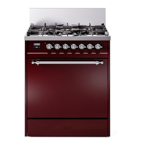 ILVE Nostalgie II 30-Inch Dual Fuel Range with 5 Sealed Burners, 4 cu. ft. Oven, Burgundy with Chrome Trim, Natural Gas, Solid Door, UP30QNMPBUC