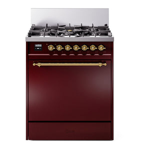 ILVE Nostalgie II 30-Inch Dual Fuel Range with 5 Sealed Burners, 4 cu. ft. Oven, Burgundy with Brass Trim, Natural Gas, Solid Door, UP30QNMPBUG