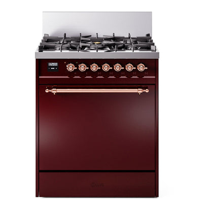 ILVE Nostalgie II 30-Inch Dual Fuel Range with 5 Sealed Burners, 4 cu. ft. Oven, Burgundy with Copper Trim, Liquid Propane, Solid Door, UP30QNMPBUPLP