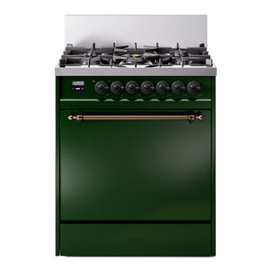 ILVE Nostalgie II 30-Inch Dual Fuel Range with 5 Sealed Burners, 4 cu. ft. Oven, Emerald Green with Burnished Trim, Natural Gas, Solid Door, UP30QNMPEGB